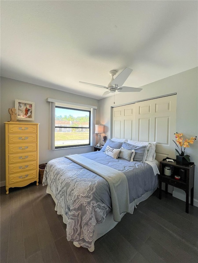 bedroom with ceiling fan, dark hardwood / wood-style floors, and a closet