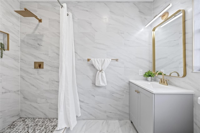 bathroom with vanity and a shower with shower curtain