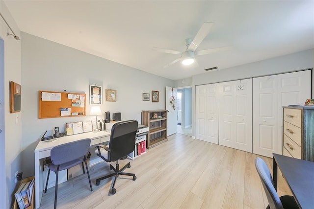 office space with light hardwood / wood-style flooring and ceiling fan