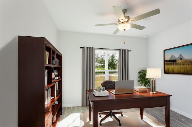 office area featuring ceiling fan and light hardwood / wood-style flooring