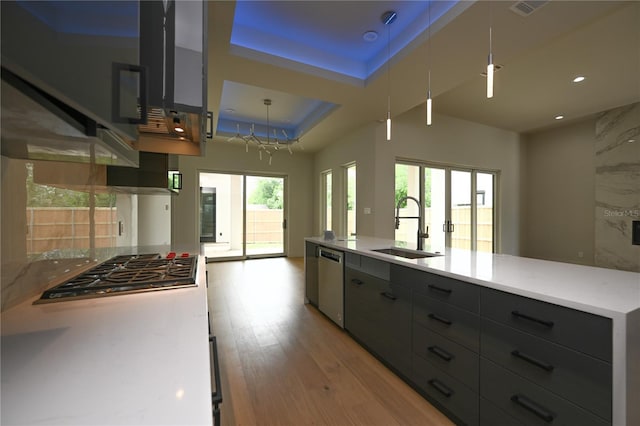 kitchen featuring a raised ceiling, sink, light hardwood / wood-style flooring, appliances with stainless steel finishes, and decorative light fixtures