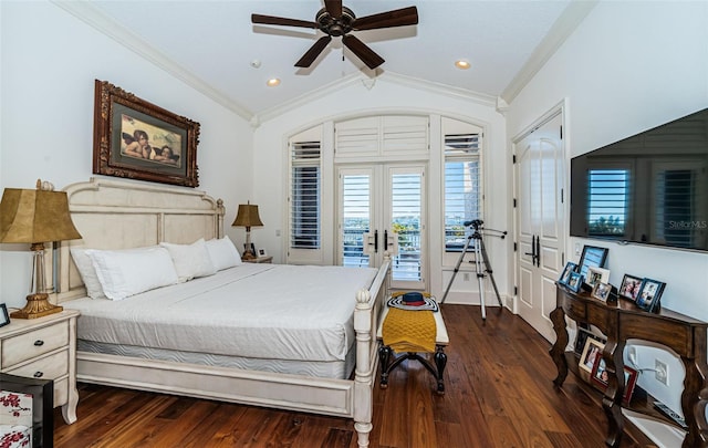 bedroom with ceiling fan, french doors, access to outside, dark wood-type flooring, and lofted ceiling