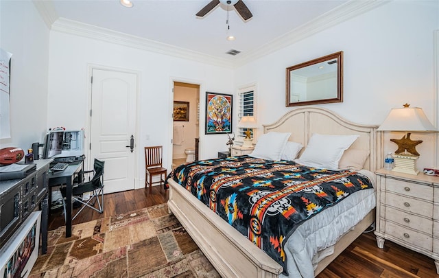 bedroom with ceiling fan, ensuite bathroom, crown molding, and dark hardwood / wood-style floors