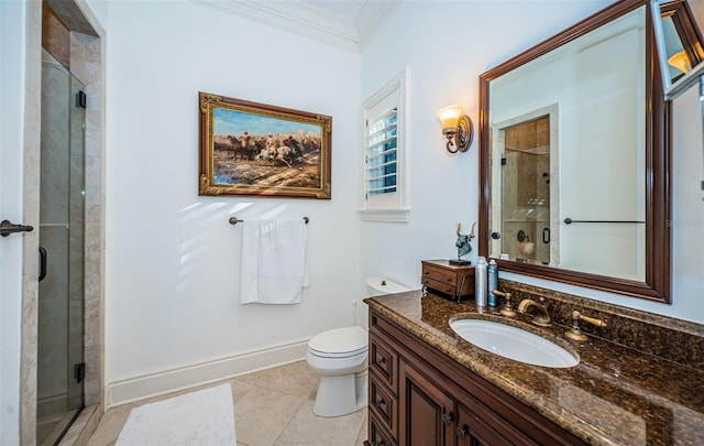 bathroom with a shower with shower door, toilet, tile patterned flooring, ornamental molding, and vanity