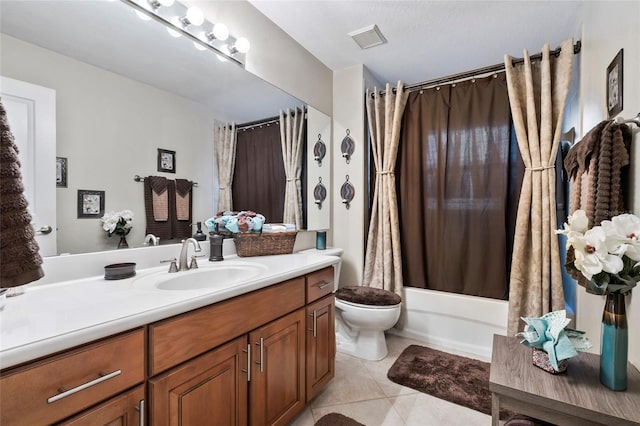 full bathroom featuring toilet, vanity, tile patterned floors, and shower / bathtub combination with curtain