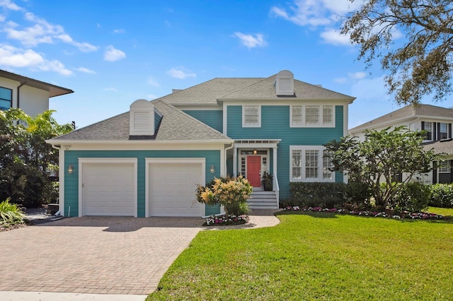 view of front of house with a garage, a shingled roof, a front lawn, and decorative driveway