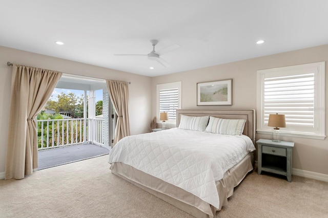 bedroom with access to exterior, recessed lighting, light colored carpet, and baseboards