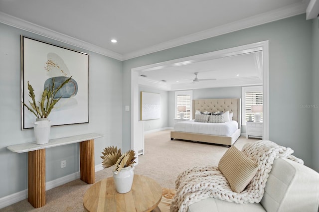 bedroom featuring light carpet, baseboards, crown molding, and recessed lighting