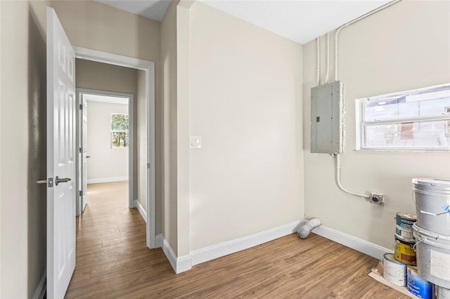 laundry room with electric panel and hardwood / wood-style floors