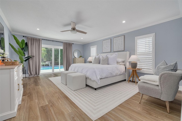 bedroom with access to exterior, light hardwood / wood-style floors, ceiling fan, and crown molding