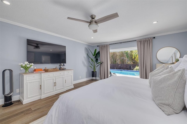 bedroom with access to outside, ceiling fan, ornamental molding, a textured ceiling, and light hardwood / wood-style floors