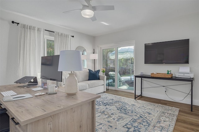 living room with ceiling fan and hardwood / wood-style flooring