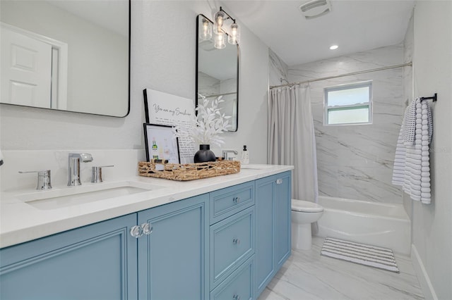 full bathroom with vanity, toilet, and shower / bath combo with shower curtain