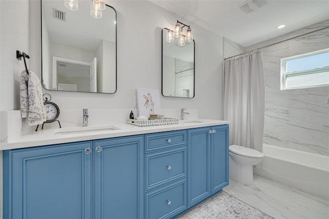 full bathroom featuring vanity, toilet, and shower / bath combo with shower curtain