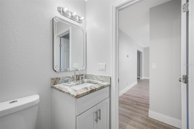 bathroom with wood-type flooring, vanity, and toilet