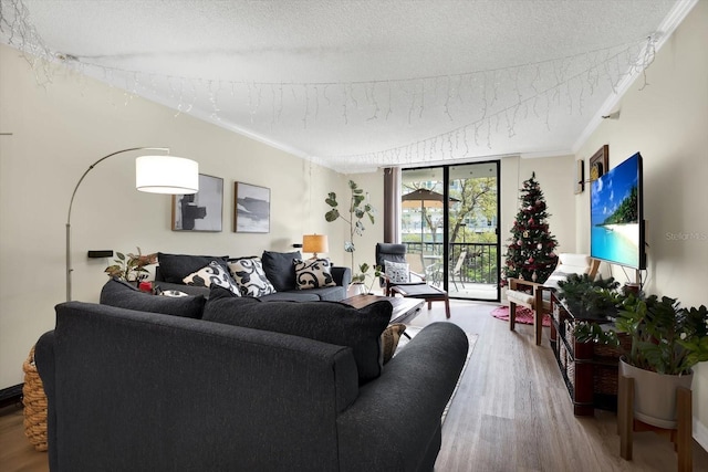 living room with hardwood / wood-style flooring, ornamental molding, floor to ceiling windows, and a textured ceiling