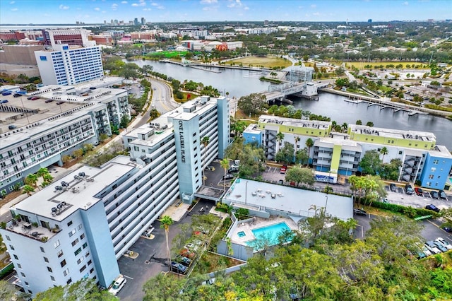 drone / aerial view featuring a water view