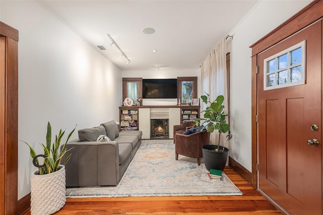 living room featuring hardwood / wood-style floors and rail lighting