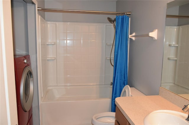 full bathroom featuring vanity, washer / clothes dryer, shower / bath combination with curtain, and toilet