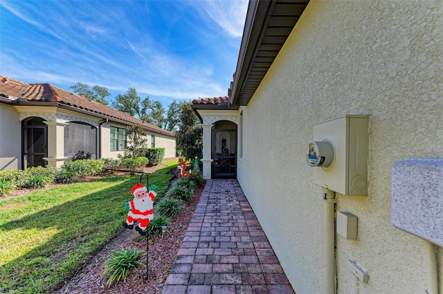 property entrance with a yard