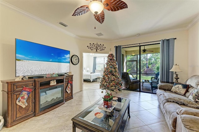 tiled living room with crown molding