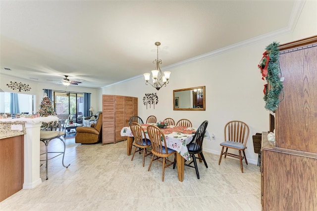 dining area featuring ceiling fan with notable chandelier, ornamental molding, and light tile patterned flooring