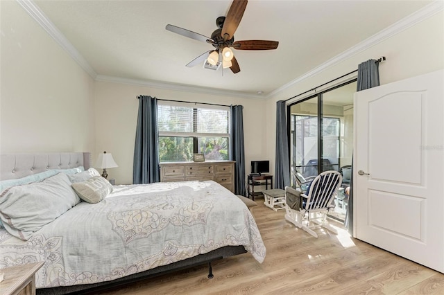 bedroom with access to outside, light hardwood / wood-style flooring, ceiling fan, and ornamental molding