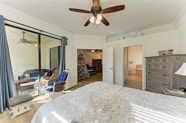 bedroom featuring access to outside, ceiling fan, hardwood / wood-style floors, and ornamental molding