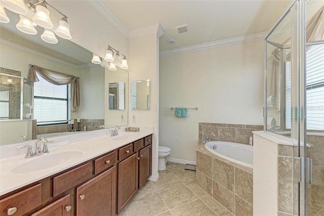 full bathroom featuring plus walk in shower, tile patterned flooring, crown molding, toilet, and vanity