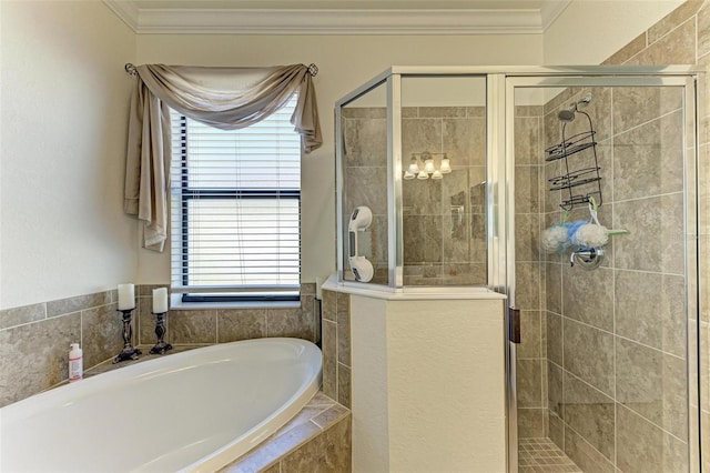 bathroom featuring crown molding and plus walk in shower