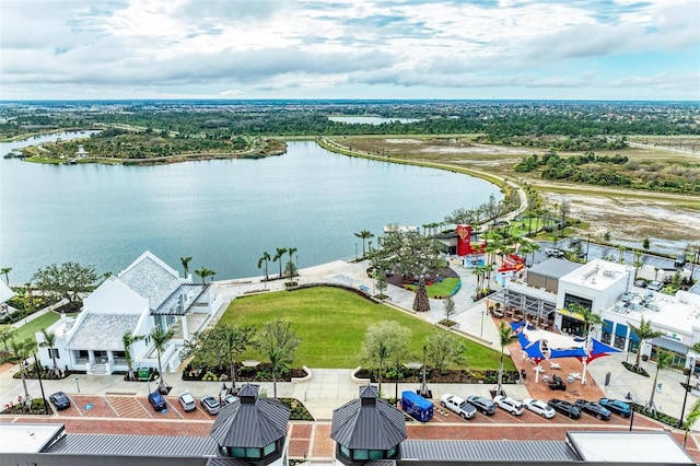 bird's eye view with a water view