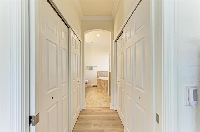 hallway with light wood-type flooring and ornamental molding