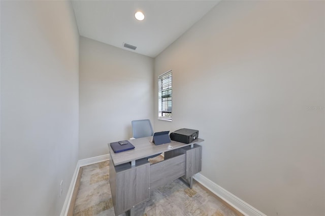 home office with recessed lighting, visible vents, and baseboards