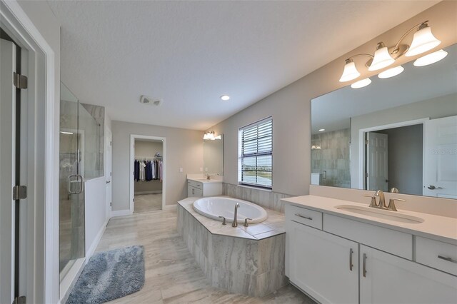 bathroom with a stall shower, a sink, a garden tub, a spacious closet, and two vanities