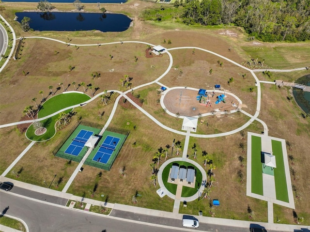 birds eye view of property featuring a water view