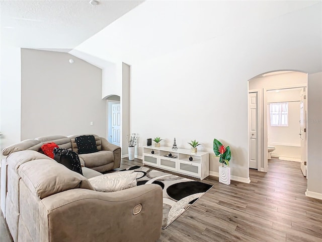 living room with a textured ceiling, lofted ceiling, and hardwood / wood-style flooring