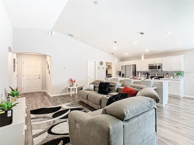 living room featuring light hardwood / wood-style floors and vaulted ceiling