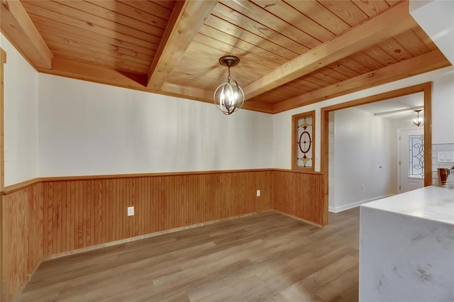 unfurnished dining area featuring a chandelier, beam ceiling, wood ceiling, and light hardwood / wood-style flooring