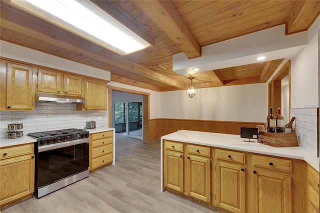 kitchen featuring wood ceiling, light hardwood / wood-style flooring, beamed ceiling, stainless steel range with gas cooktop, and hanging light fixtures