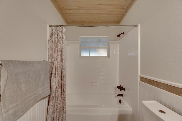 bathroom with shower / tub combo, toilet, and wood ceiling