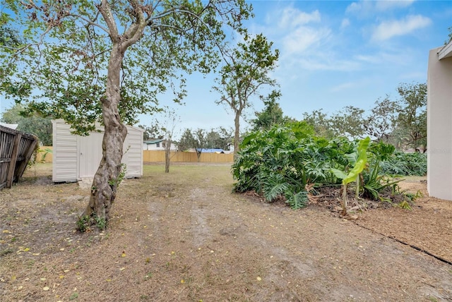 view of yard featuring a storage shed