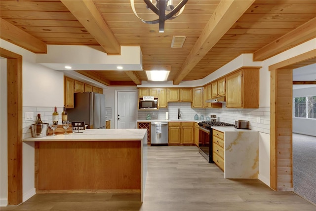 kitchen with kitchen peninsula, appliances with stainless steel finishes, backsplash, and sink