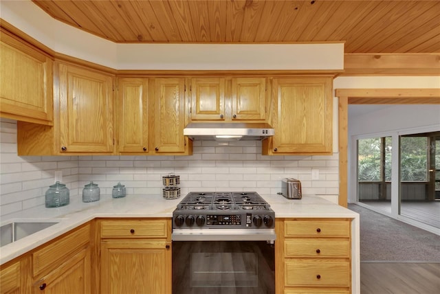 kitchen featuring decorative backsplash, wooden ceiling, light wood-type flooring, and stainless steel range with gas stovetop