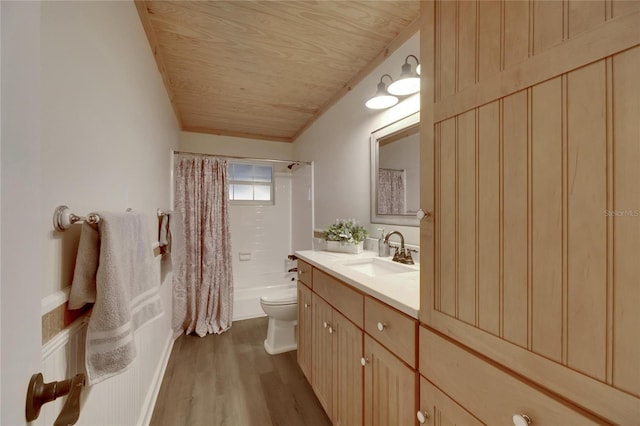 full bathroom with shower / bath combination with curtain, vanity, hardwood / wood-style flooring, wooden ceiling, and toilet