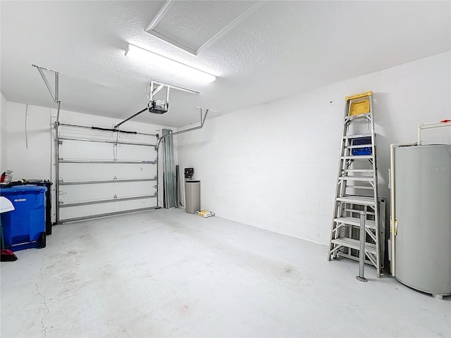 garage featuring water heater and a garage door opener