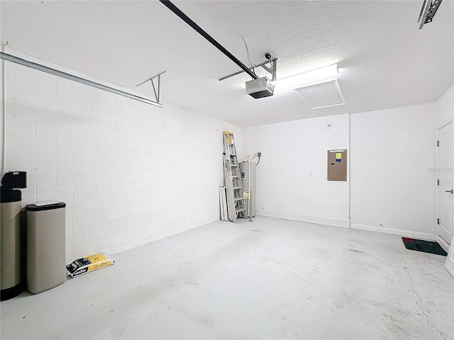 garage with electric panel, a garage door opener, and water heater