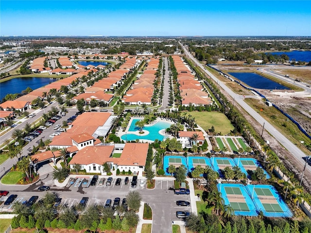 drone / aerial view featuring a water view