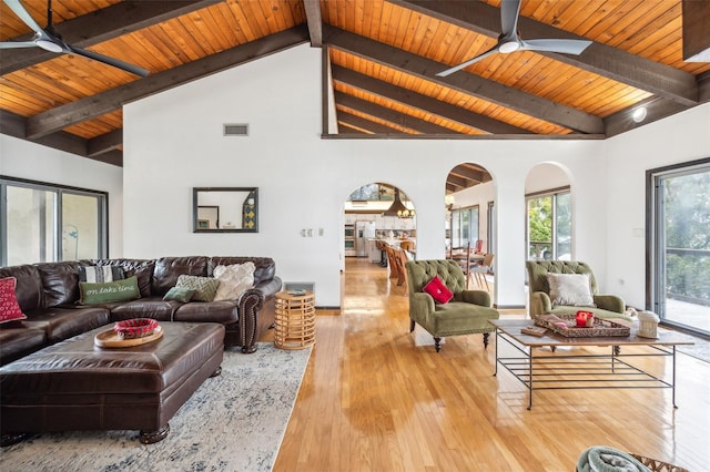 living room featuring ceiling fan, wooden ceiling, high vaulted ceiling, beamed ceiling, and light wood-type flooring