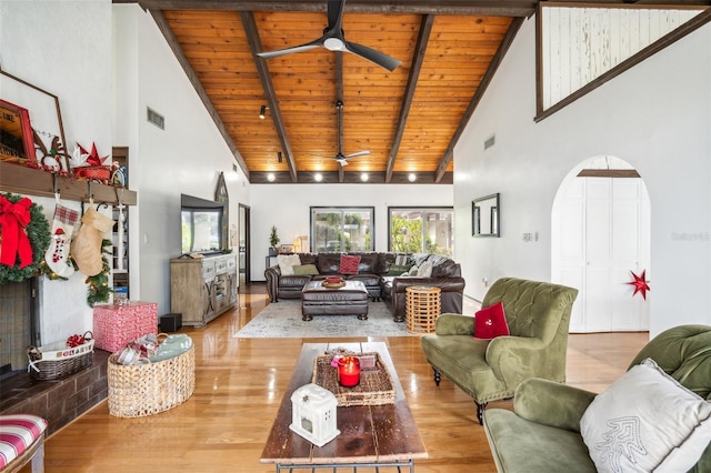 living room featuring light wood-type flooring, high vaulted ceiling, and wooden ceiling