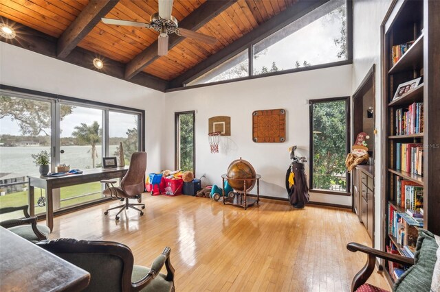 interior space featuring wooden ceiling, high vaulted ceiling, a water view, ceiling fan, and light hardwood / wood-style floors